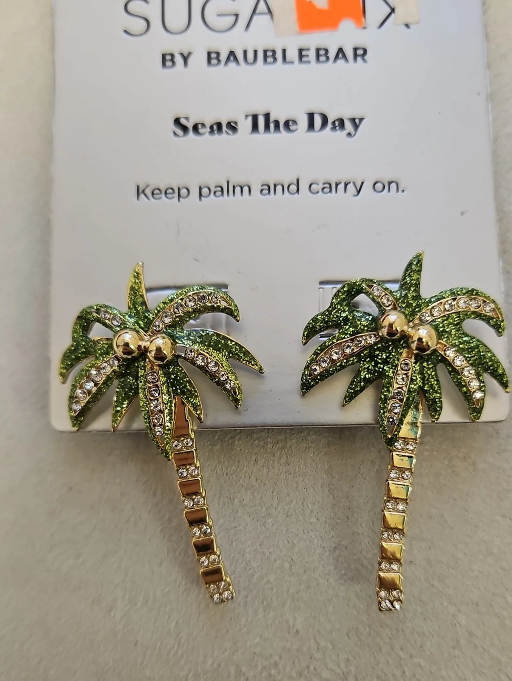 BaubleBar Sugarfix SEAS THE DAY Green & Gold Sparkle Palm Tree Drop Earrings